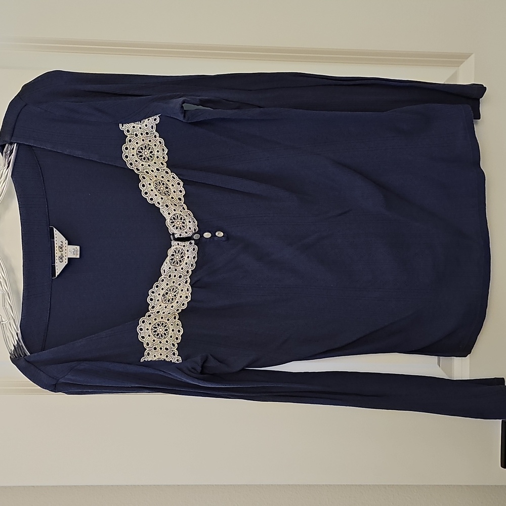 Anthropologie Blue Long Sleeve Top with Lace Detail